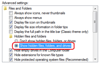 Windows 7 Folder Options, Show Hidden